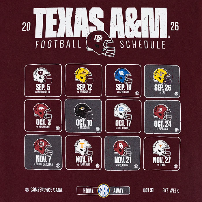2026 Texas A&M Football Schedule Tee - Maroon - Image 4