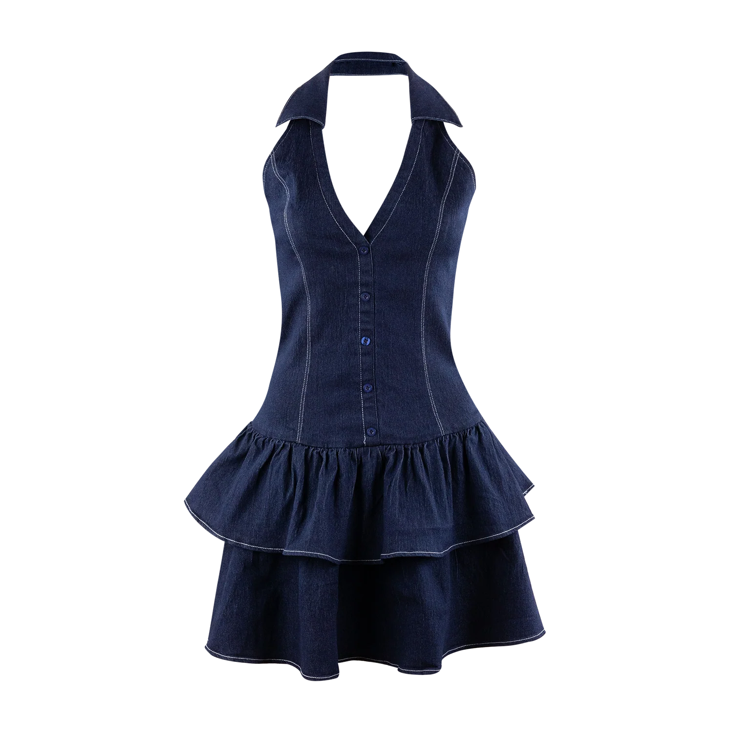 Baby Pink Collared Ruffle Dress - Denim