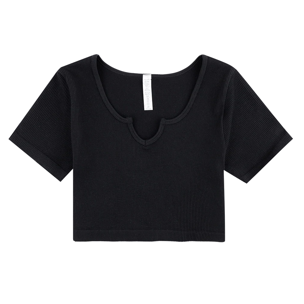 Black Ribbed Short Sleeve Crop Top