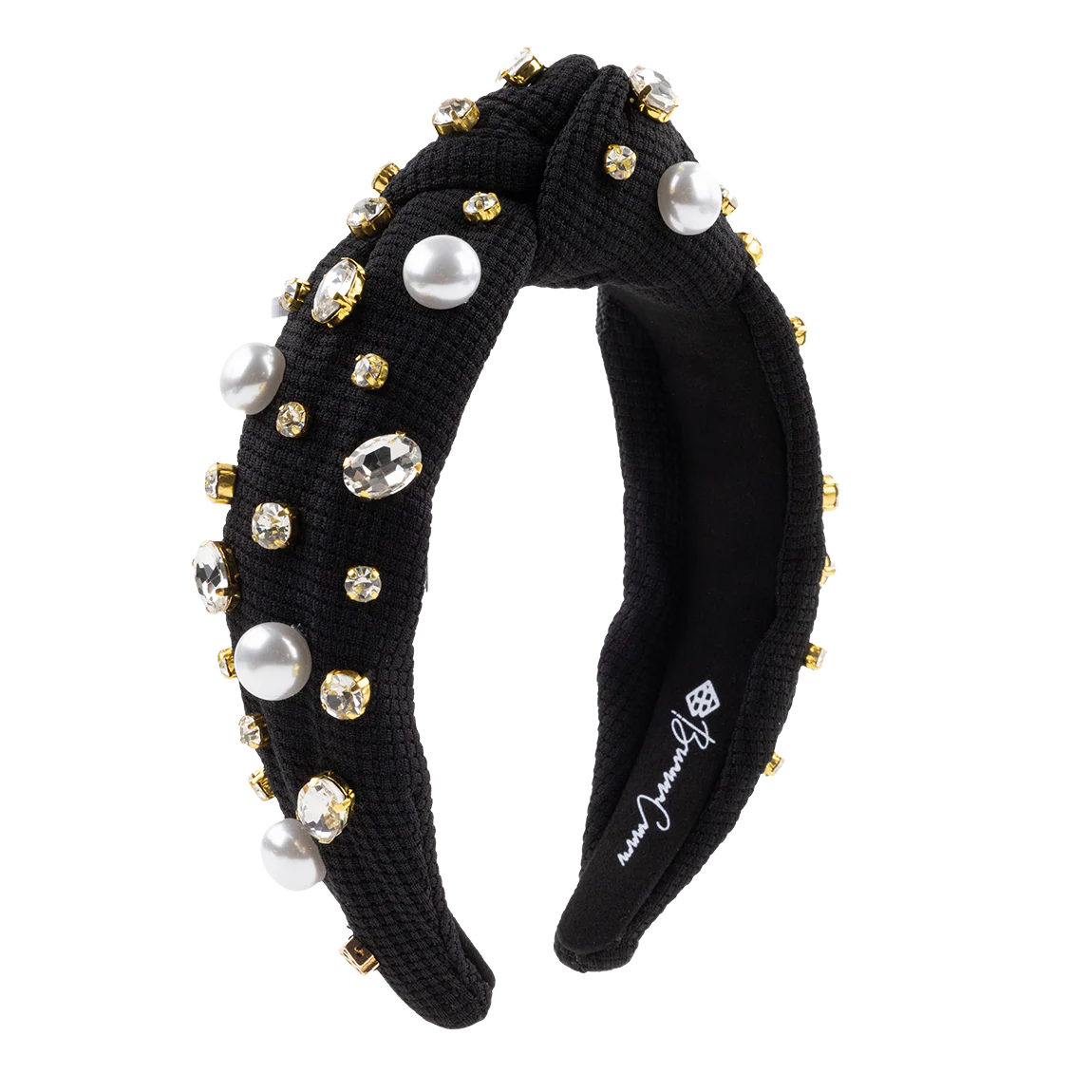 Black Twill Headband with Pearls and Crystals