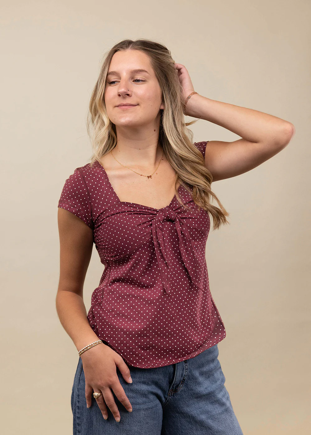 Collegiate Outfitters Polka Dot Tie Blouse - Maroon - Image 2