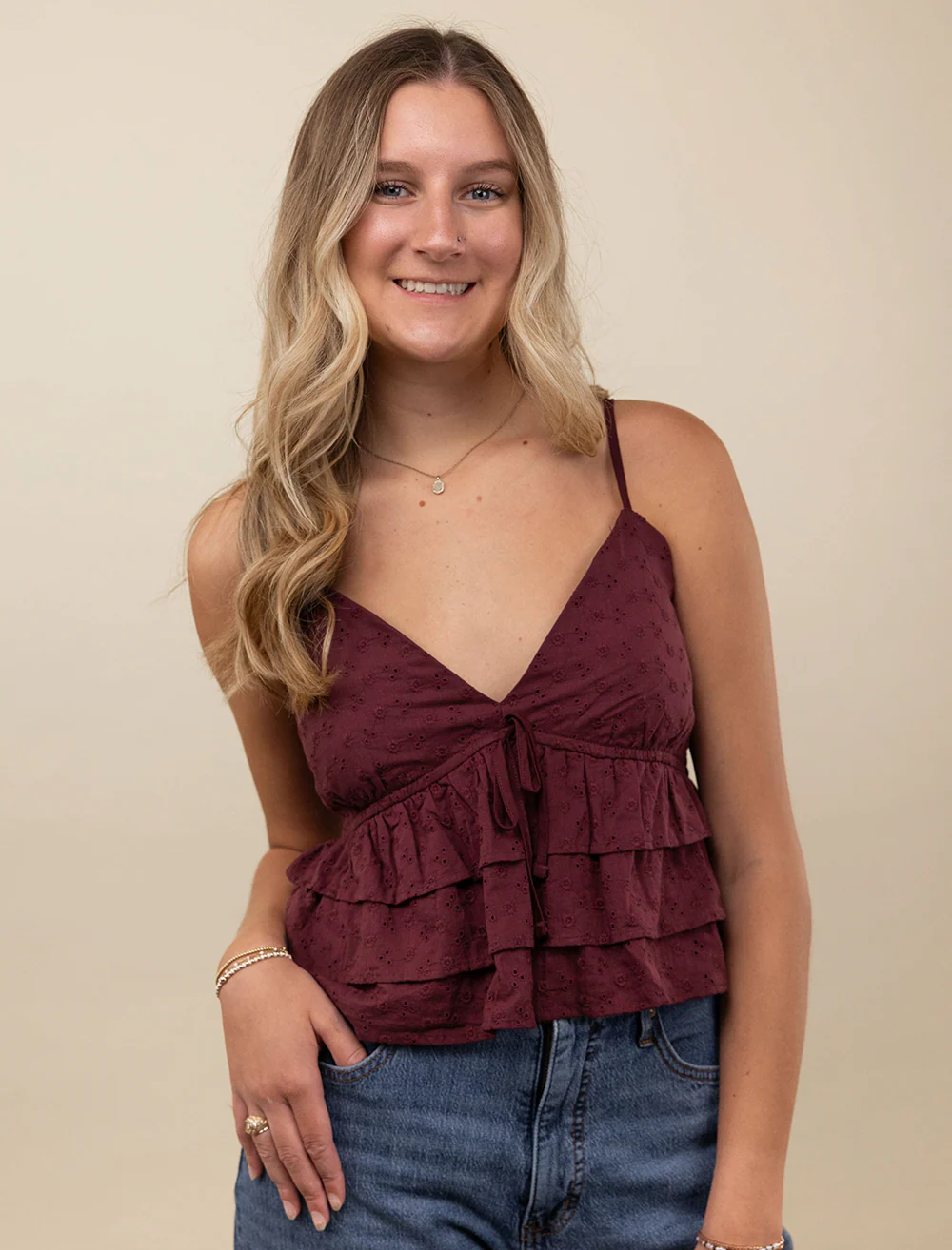Collegiate Outfitters V-Neck Ruffle Top - Maroon - Image 2