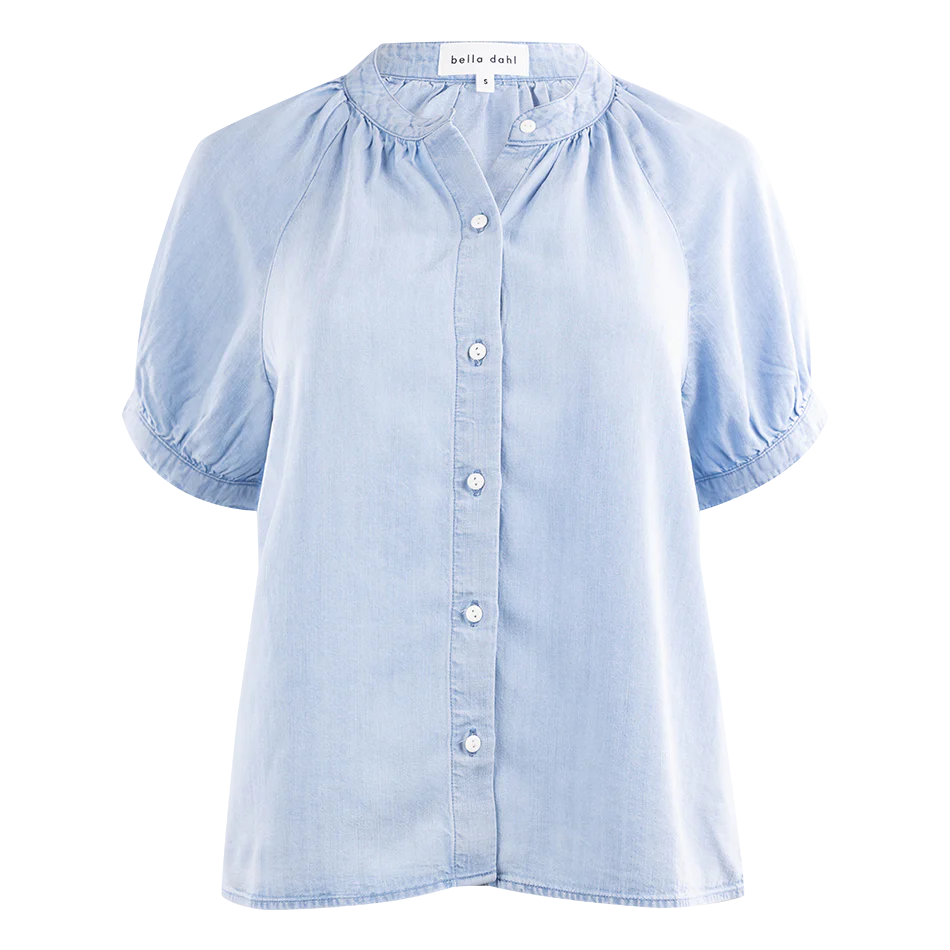 Denim Button Down Short Sleeve Raglan Blouse