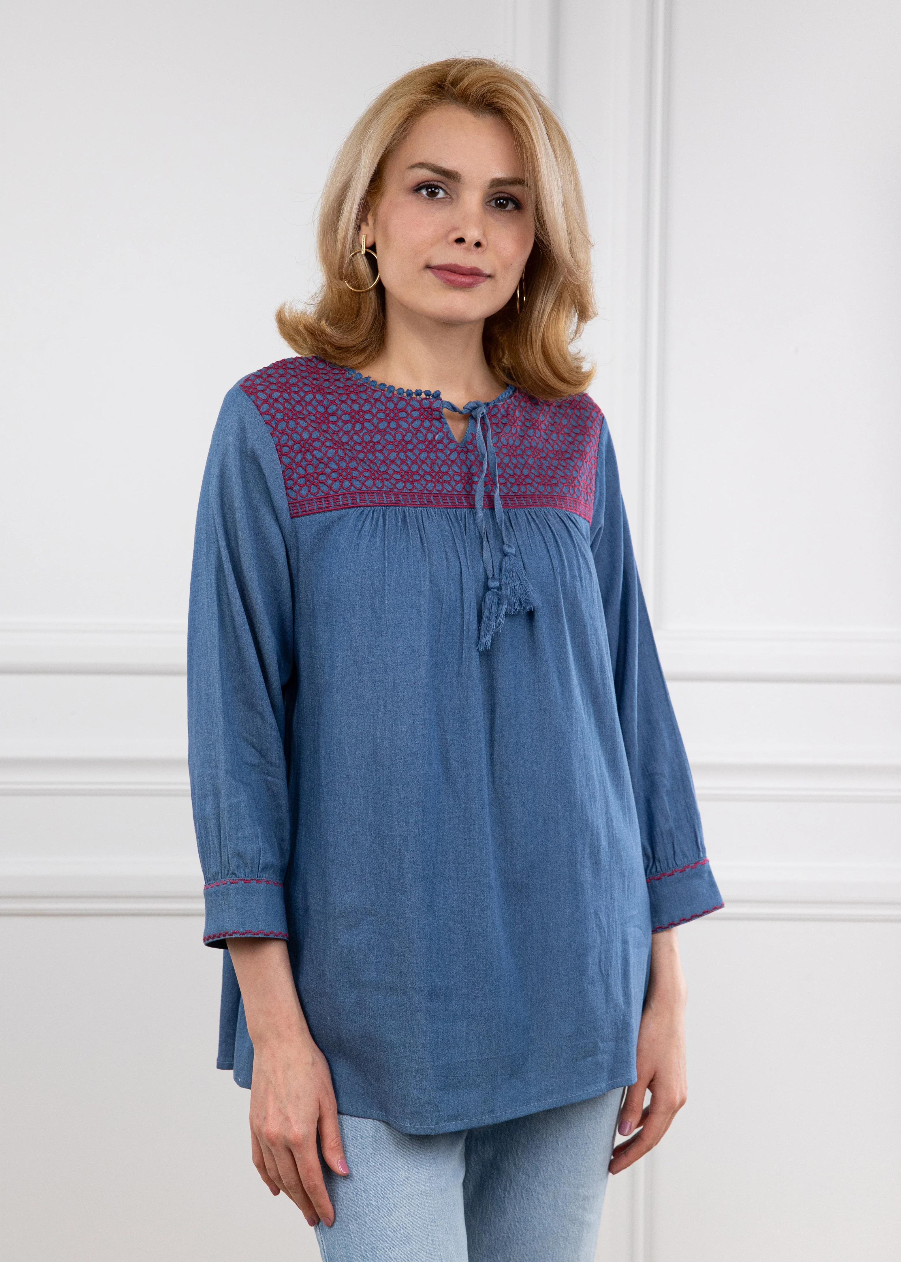 Denim Maroon Quarter Sleeve Top - Image 5