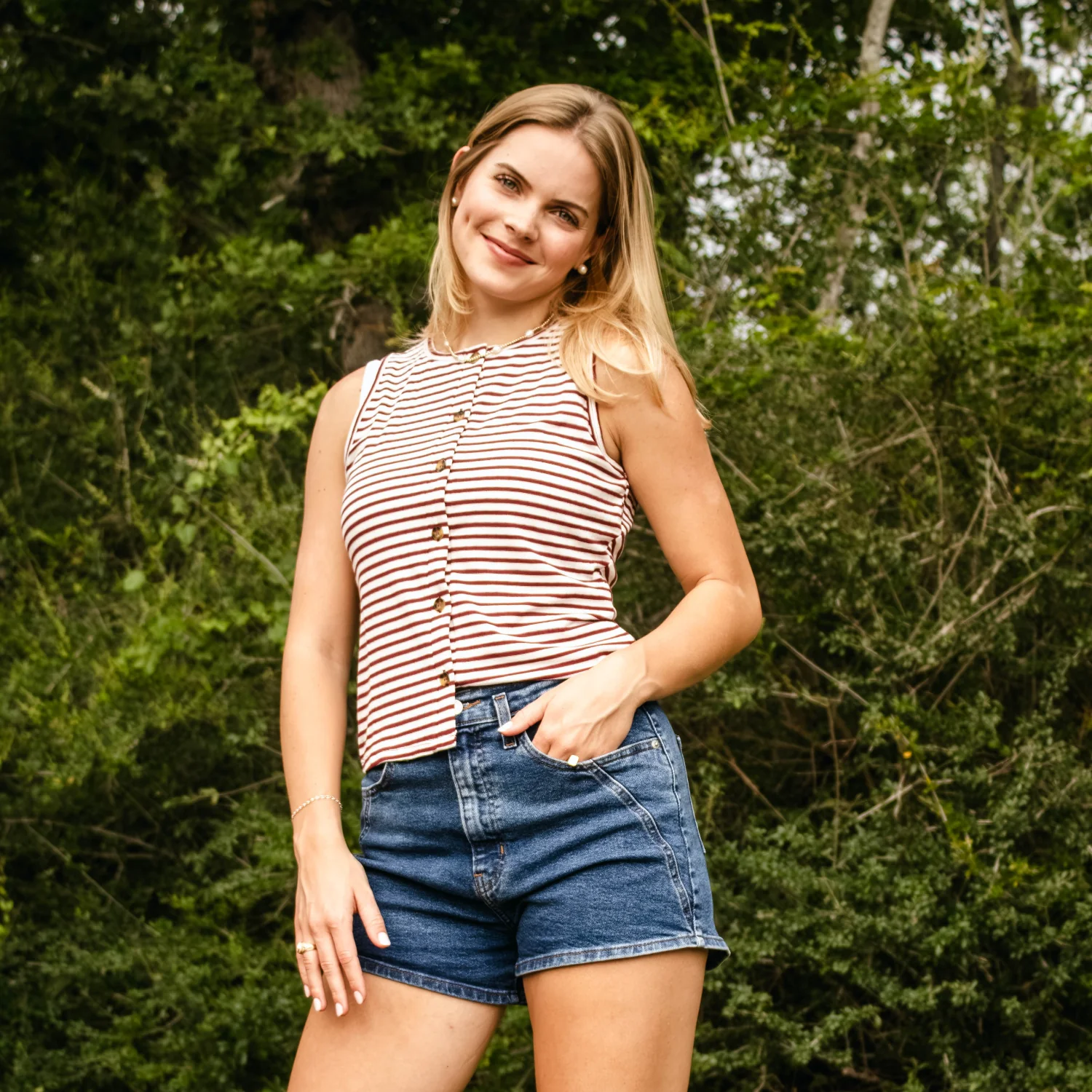 Double Zero Striped Button Down Tank Top - Maroon - Image 2