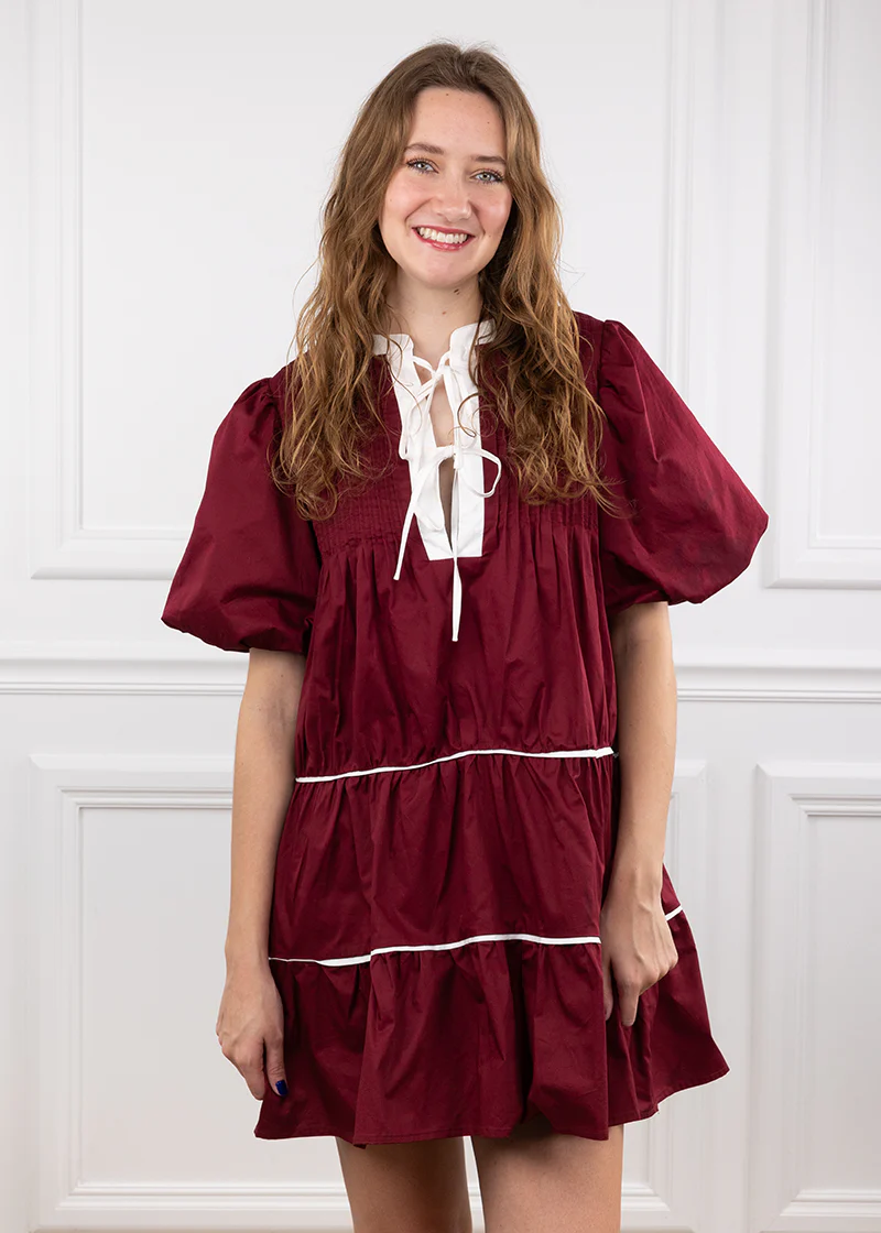 Maroon Pleated Dress with White Ties - Image 2