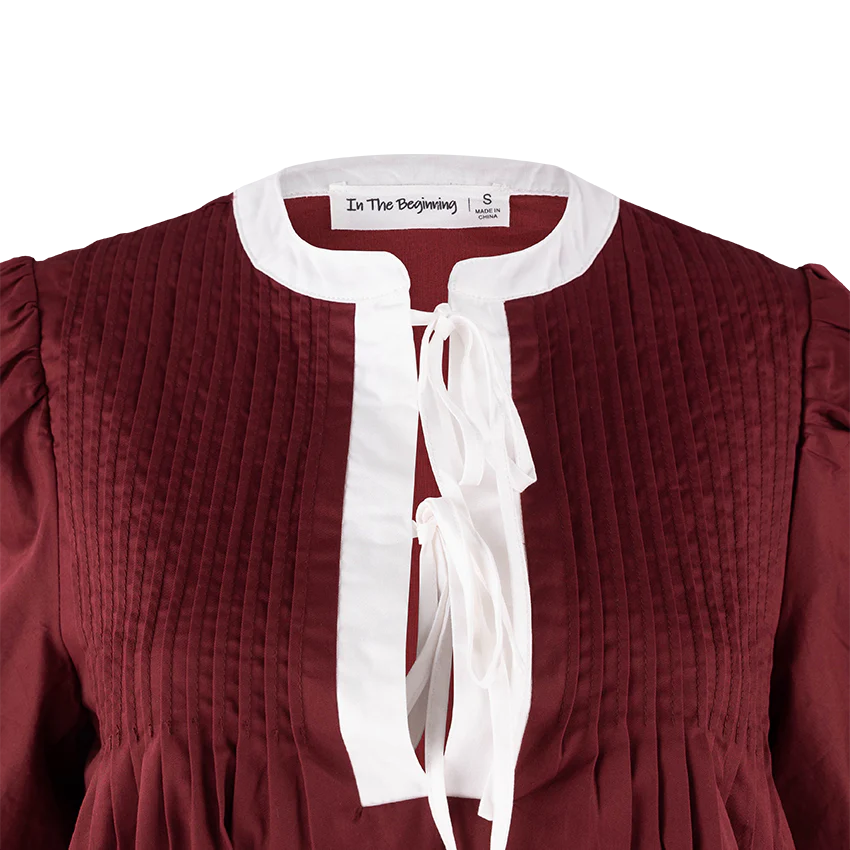 Maroon Pleated Dress with White Ties - Image 3