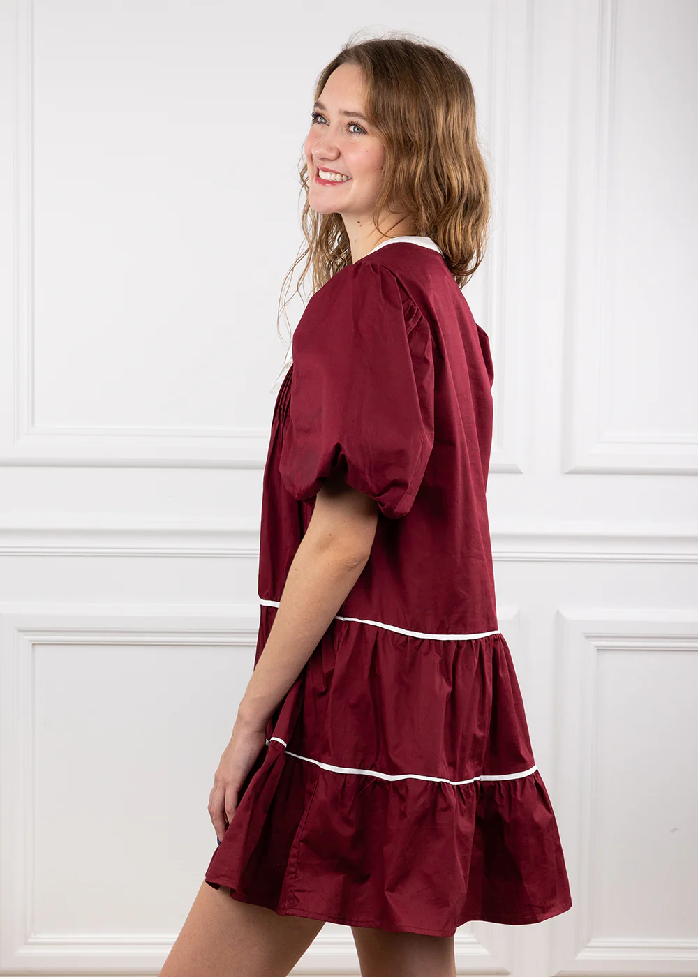 Maroon Pleated Dress with White Ties - Image 6