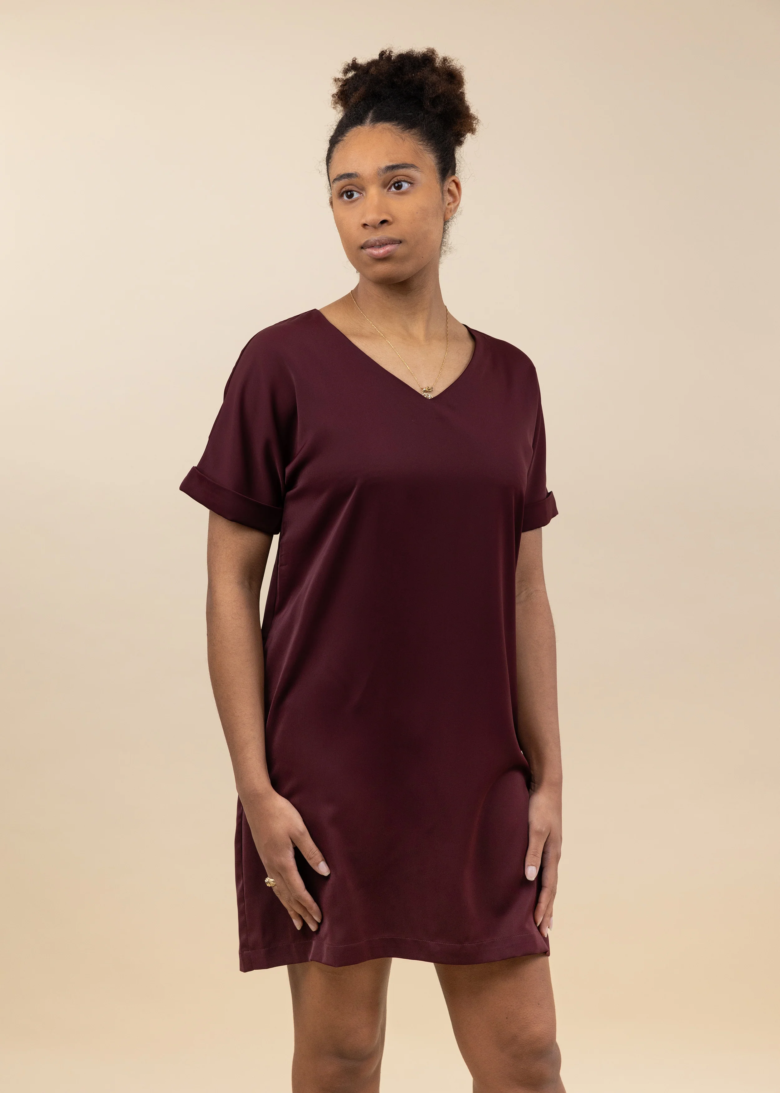 Maroon Rolled Sleeve V Neck Dress - Image 2
