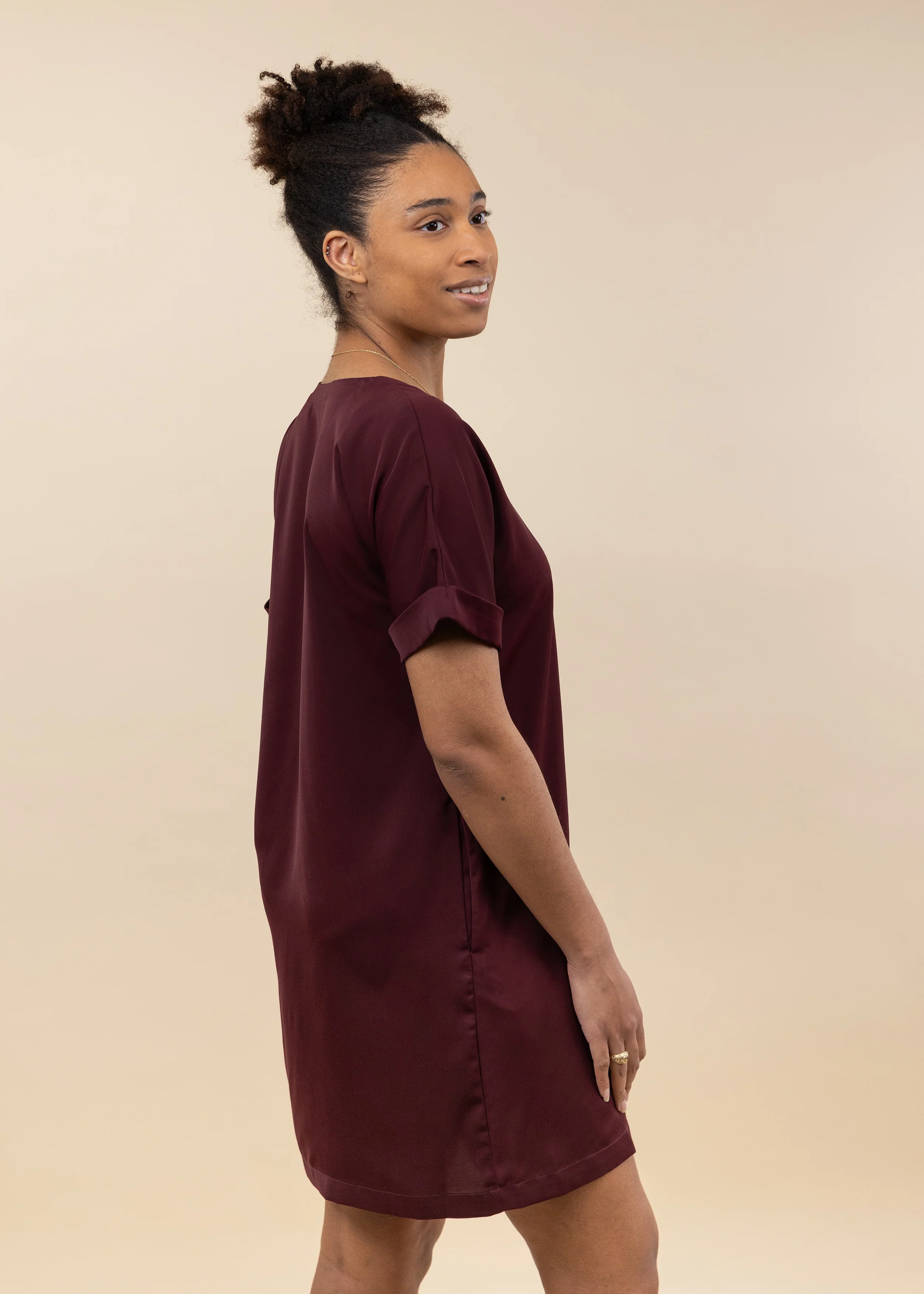 Maroon Rolled Sleeve V Neck Dress - Image 4