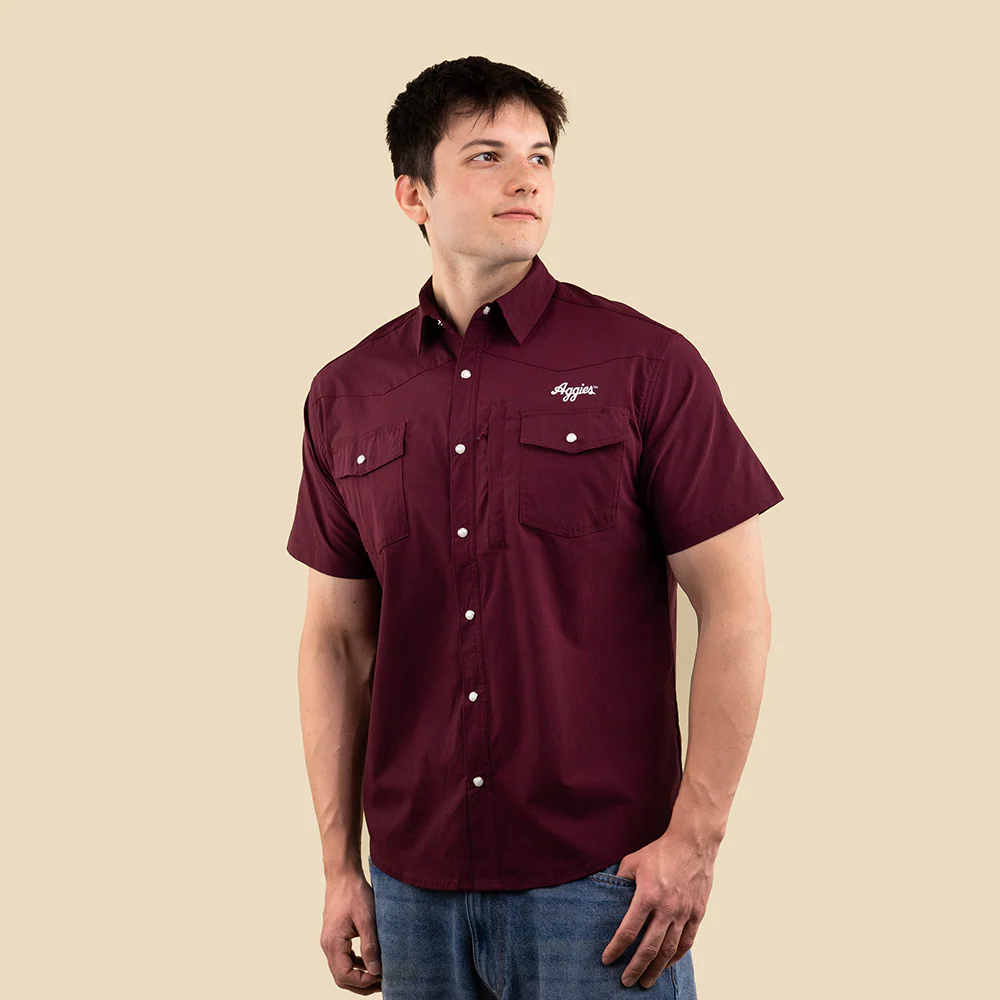 Script Aggies Collegiate Outfitters Dockside Pearl Button Down - Maroon - Image 2