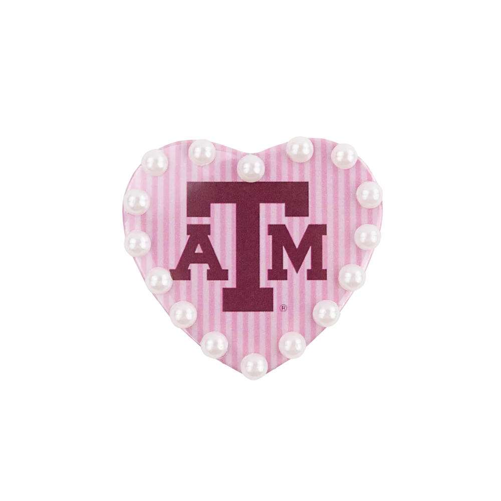 Texas A&M Fan Glam Pink Stripe Pearl Heart A&M Button