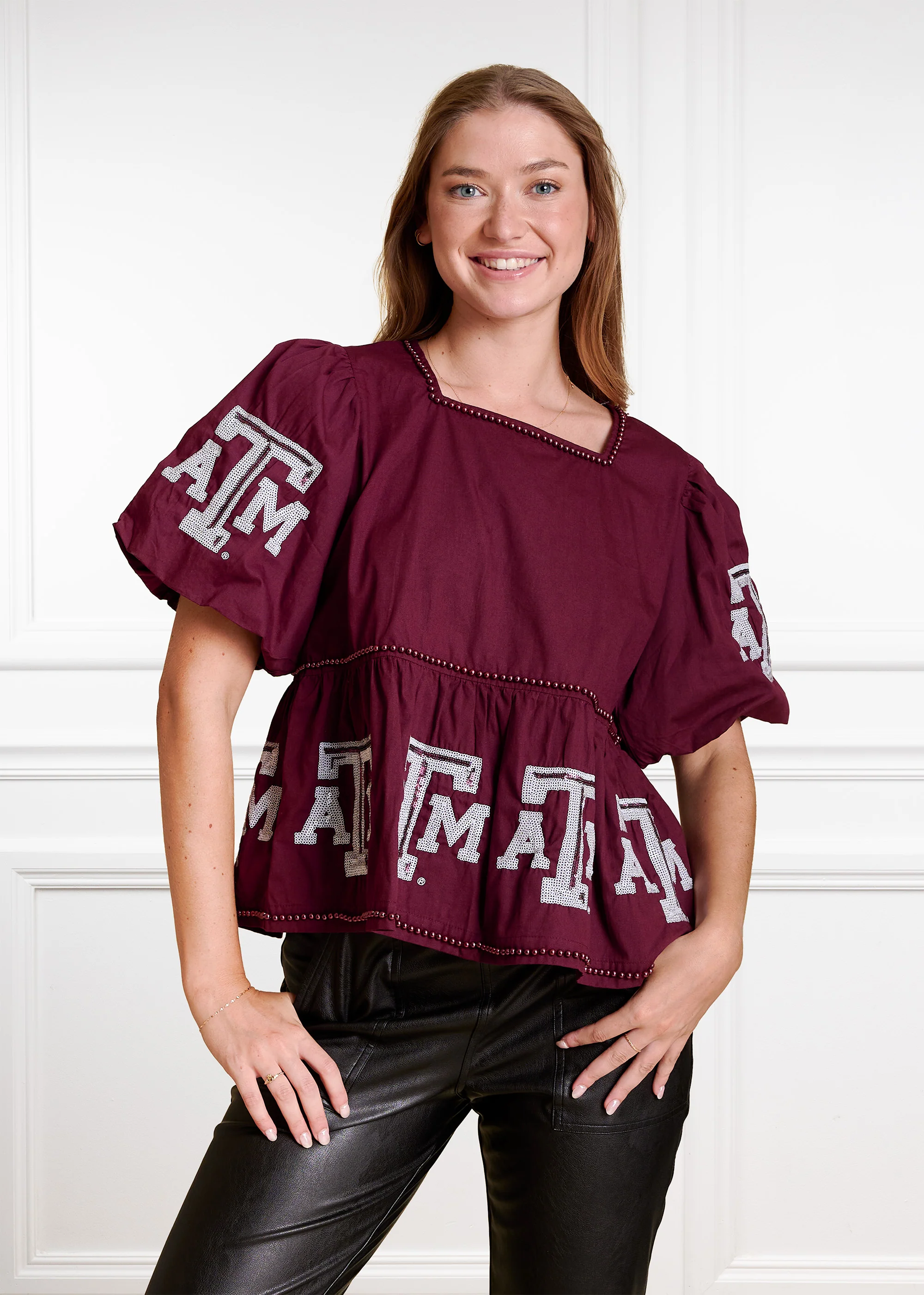 Texas A&M Stewart Simmons Puff Sleeve Peplum Top - Image 2