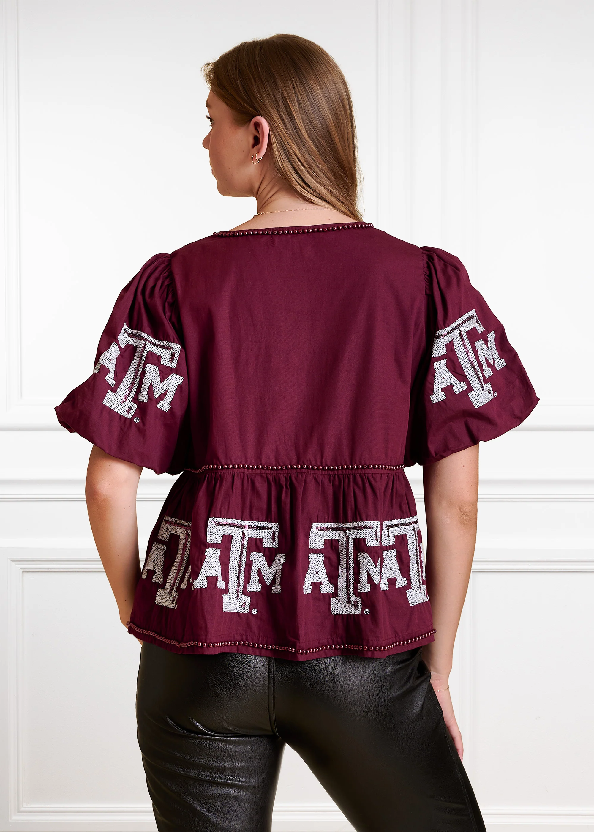 Texas A&M Stewart Simmons Puff Sleeve Peplum Top - Image 5