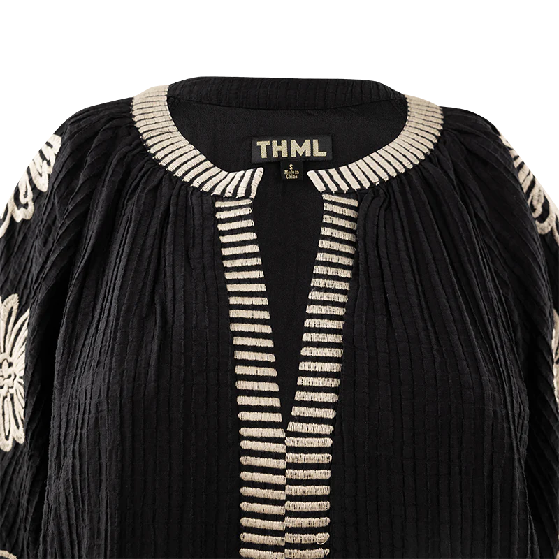 THML Clothing Embroidered Puff Sleeve Black Dress - Image 3