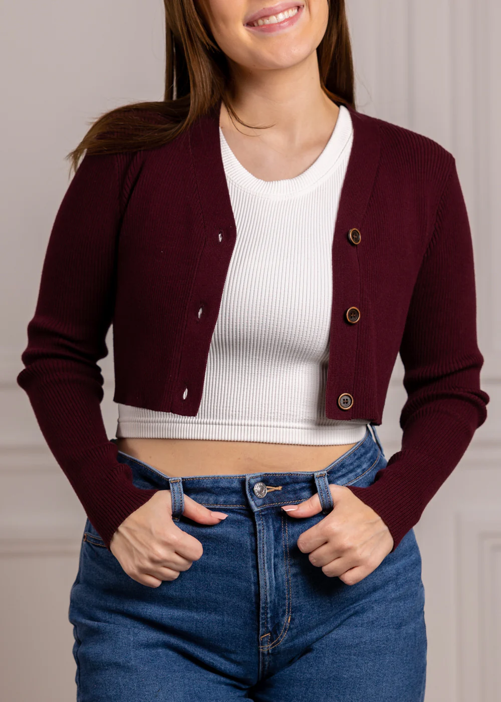 Maroon Tito Button Knit Cropped Cardigan - Image 2