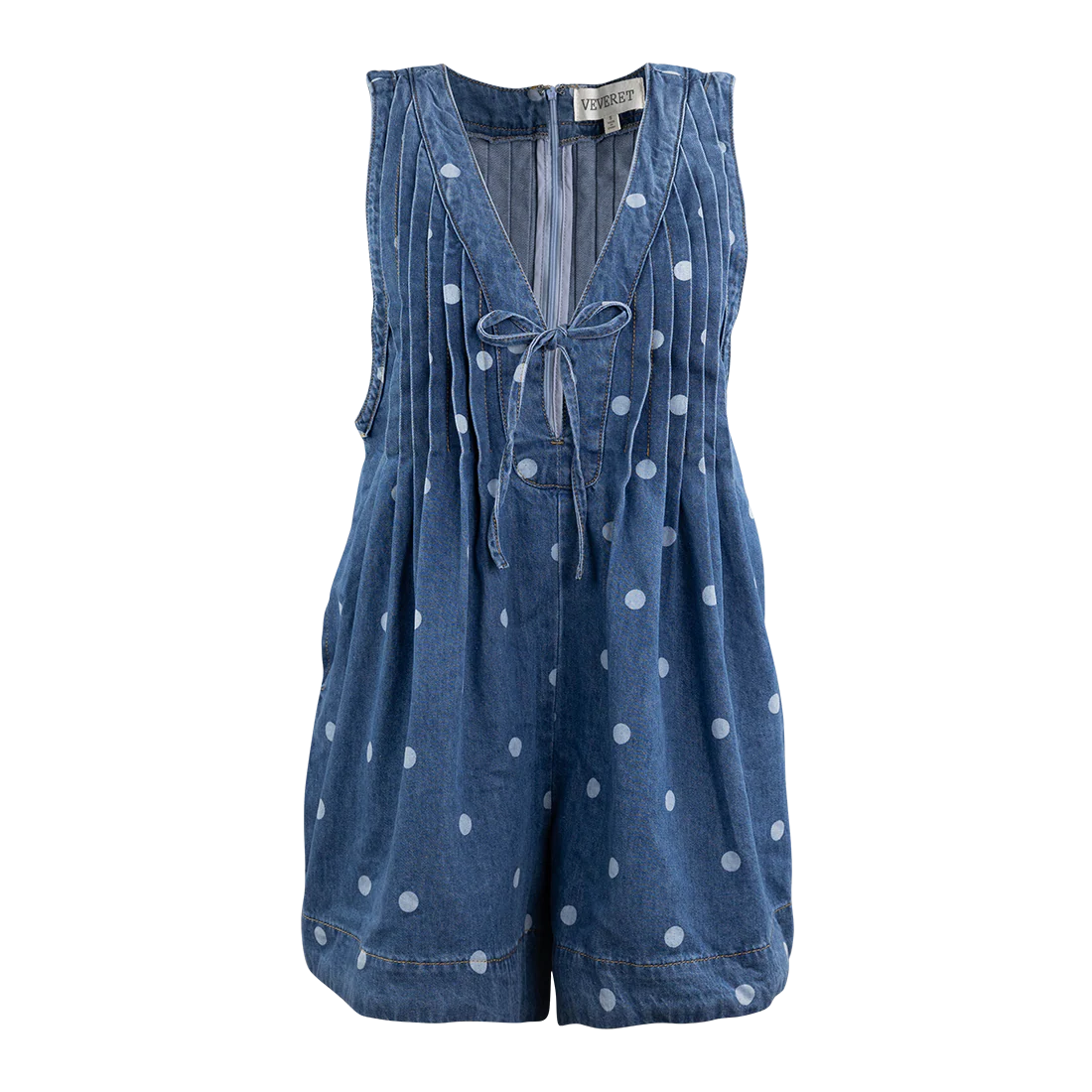 Veveret V Neck Sleevess Polka Dot Romper - Denim